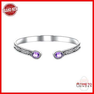 Adjustable Sterling Silver Amethyst Cuff Bracelet Celtic Knotwork Bangle